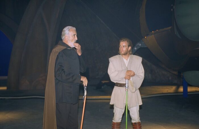 Sir Christopher Lee And Ewan Mcgregor Take A Break During Their Duel On The Set Of Star Wars