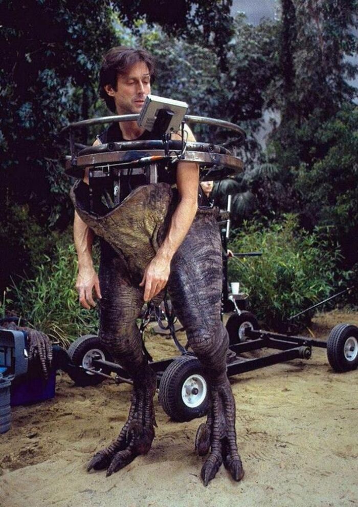 John Rosengrant Working In A Raptor Half-Suit For 'Jurassic Park III'