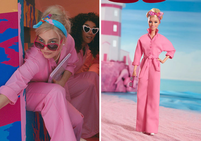 Weird Barbie in pink jumpsuit with sunglasses, inspired by a movie scene, striking a playful pose. Weird Barbie in pink jumpsuit with sunglasses, inspired by a movie scene, striking a playful pose.