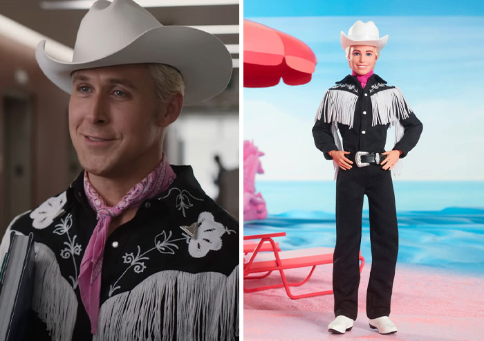 A man in a black cowboy outfit beside a Barbie doll in a similar outfit, inspired by the Weird Barbie movie theme. A man in a black cowboy outfit beside a Barbie doll in a similar outfit, inspired by the Weird Barbie movie theme.