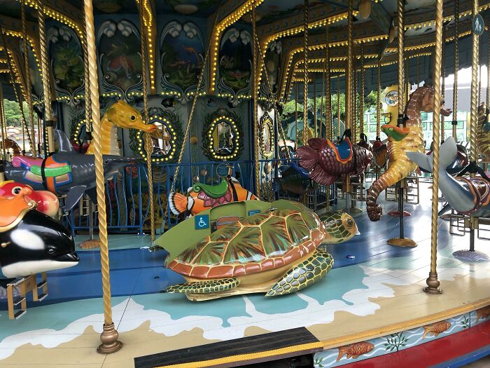 This Carousel In Hong Kong Has A Sea Turtle Mounted To The Floor For Disabled Children