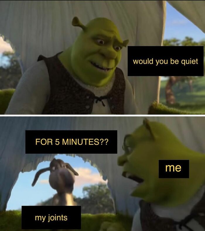 Shrek asking joints to be quiet, humorous dance meme context.