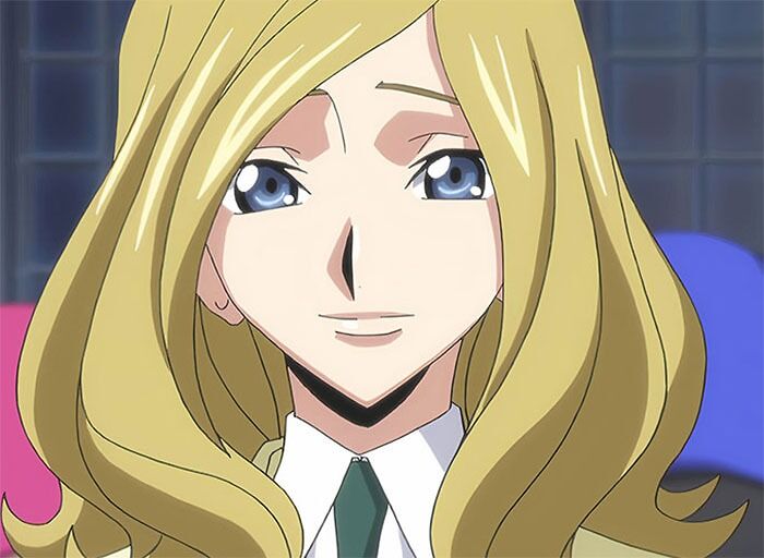 Blonde female anime character with blue eyes and light smile, wearing a green tie and white shirt, popular among fans.