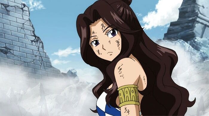 Anime character with long hair and determined expression amid ruins, representing favorite female anime characters.