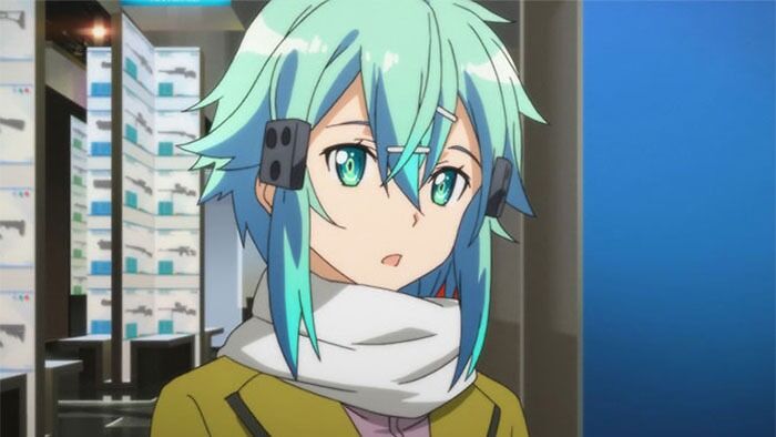 Anime character with turquoise hair and scarf, set in a room with gun displays, a fan-favorite female anime character.