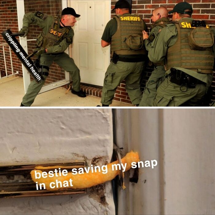 shrerrifs department breaking in while the door is only held my a cheeto meme 