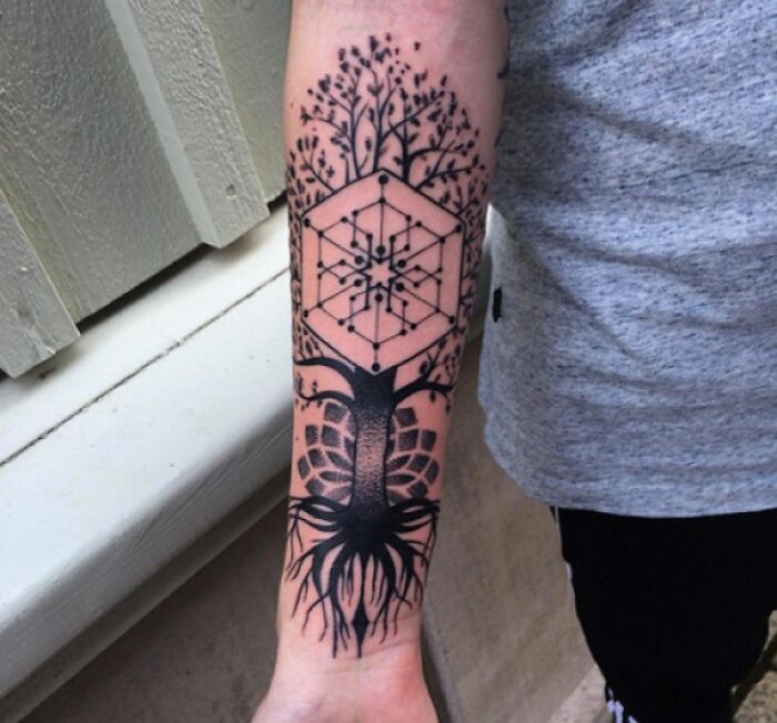 Geometric lime tree sleeve tattoo