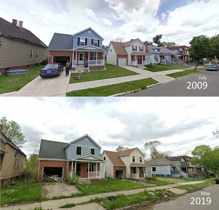 10 Years In Detroit. 2009 And 2019. House Proud Lawn Mowing To Abandoned Debris