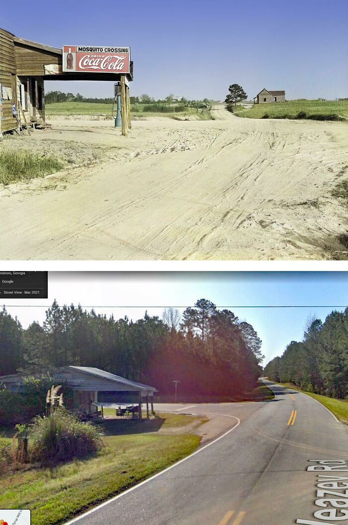 Mosquito Crossing, Greensboro Georgia (1939 vs. 2021) 1939 Photo Is By Marion Post Wolcott (Colorized By Me). 2021 Is Google Street View