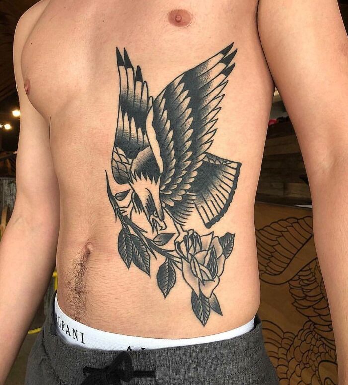 American traditional eagle & rose belly tattoo
