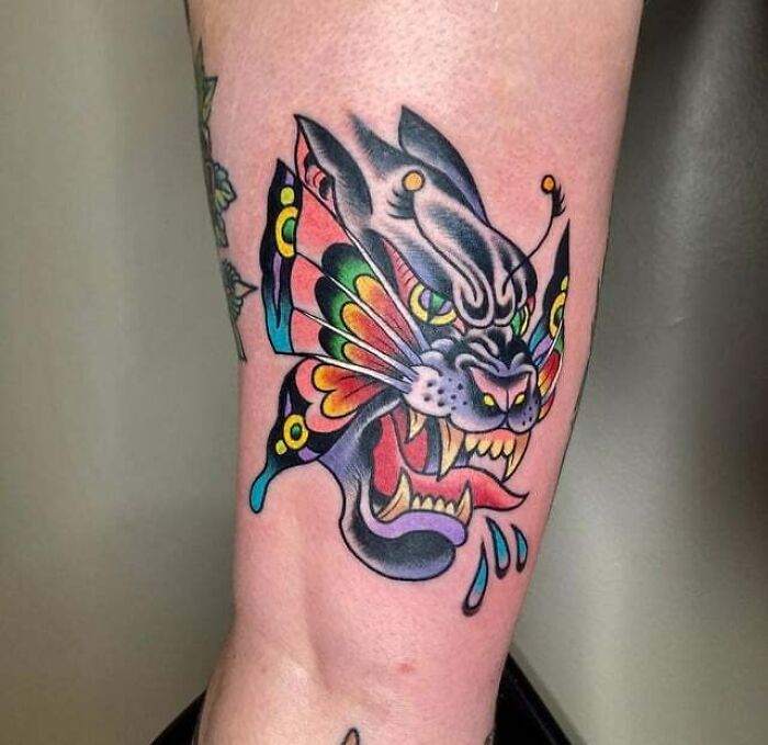 Butterfly Panther Morph leg Tattoo