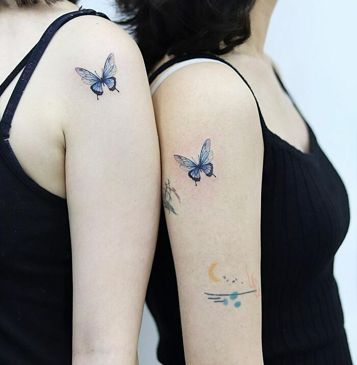blue Matching Butterflies arm Tattoos