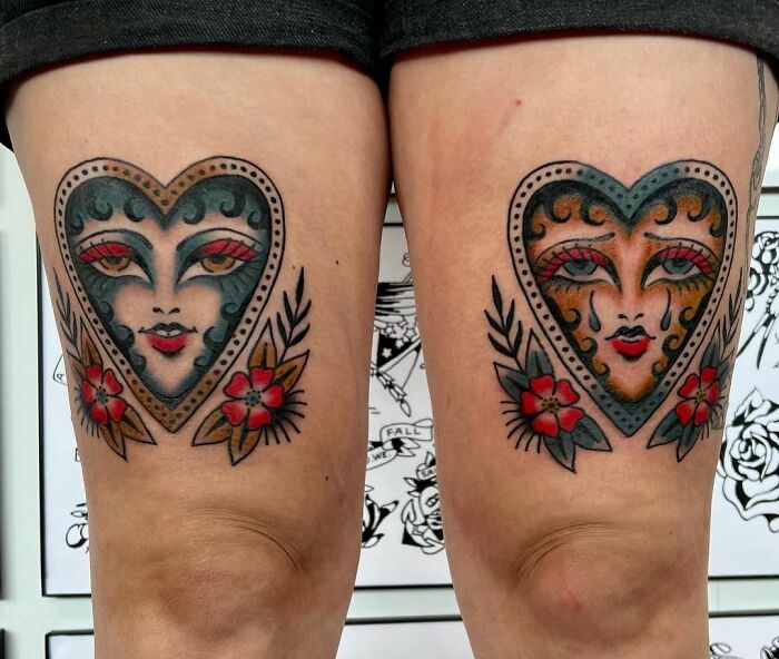 American traditional heart leg tattoos
