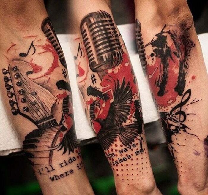 Trash Polka tattoo design featuring music notes, a guitar, and microphone with red and black abstract elements.