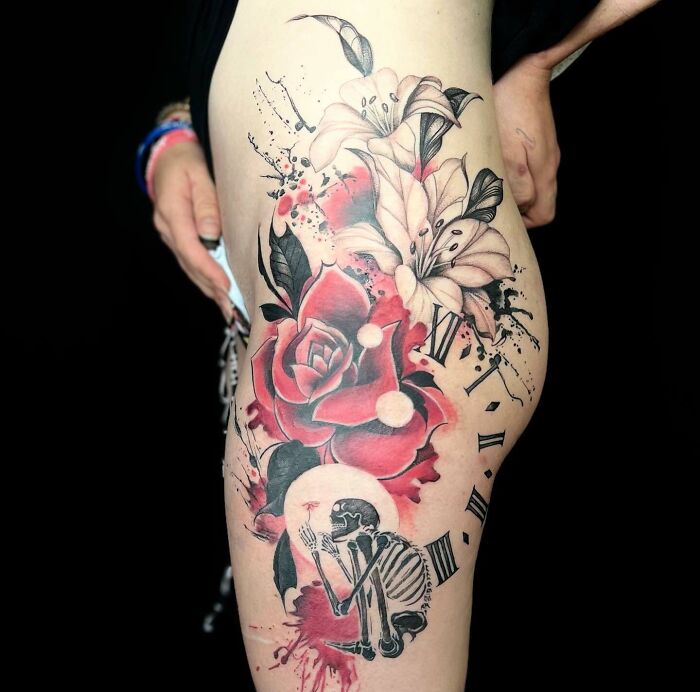 Large Floral Trash Polka style tattoo