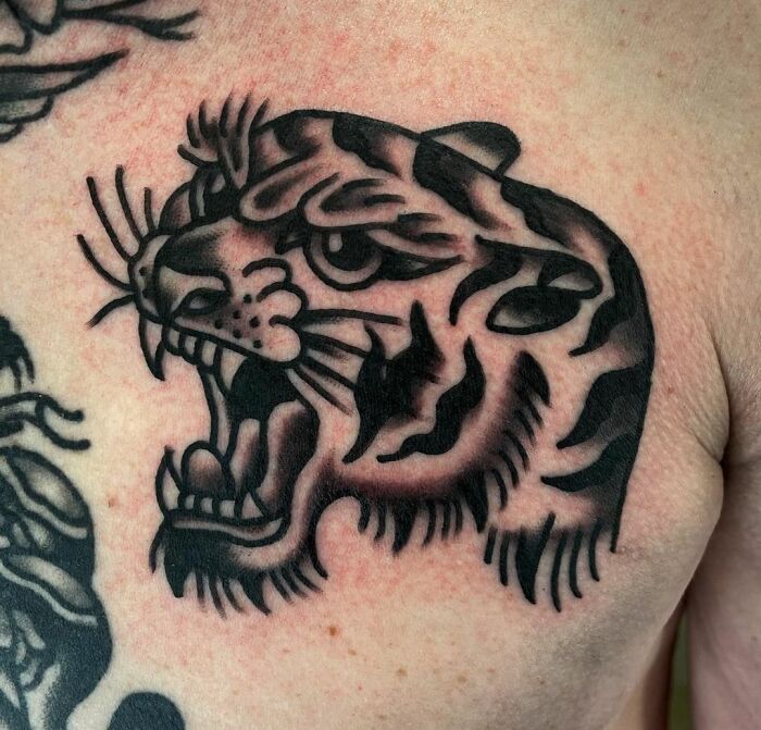 American traditional tiger back tattoo