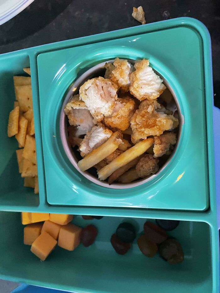 Packed Breakfast And Lunch For The Super Picky Kid- Air Fryer Chicken Strips And Fries, Cheese Cubes, Cheez-Its, And Fruit Snacks