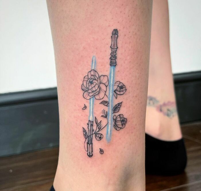 Lightsabers and roses ankle tattoo