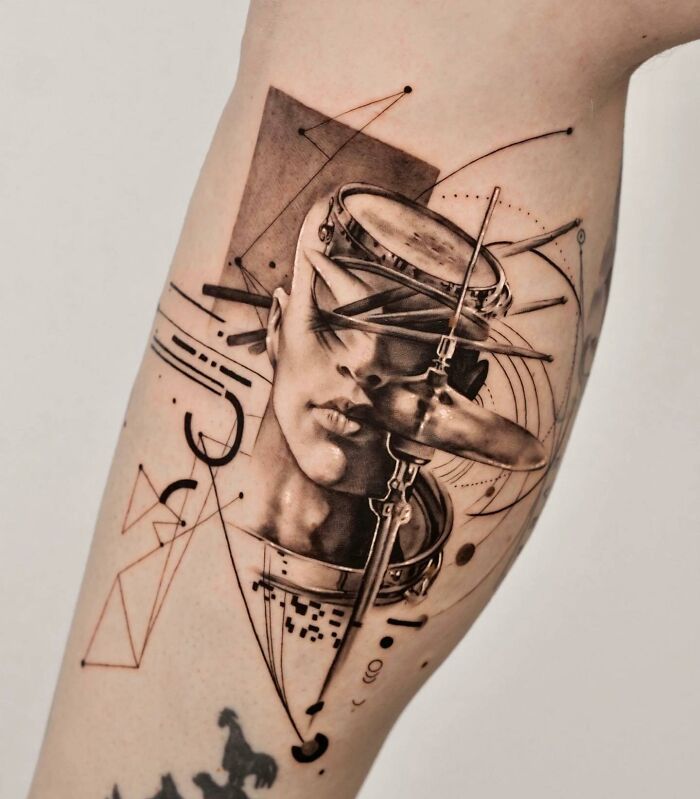 Realistic and abstract musical tattoo with portrait and drum kit