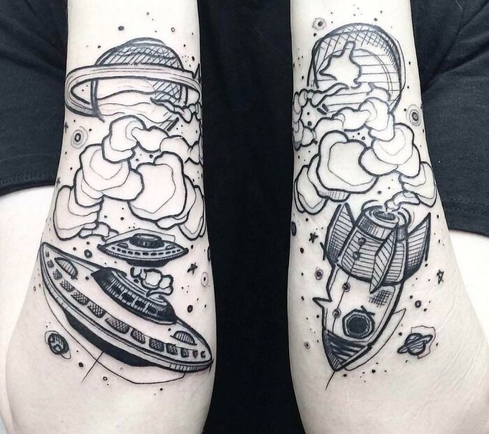 Juxtaposed space themed forearm tattoos