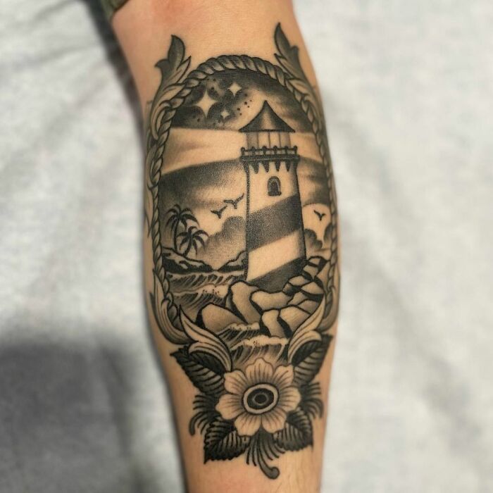 American traditional lighthouse tattoo