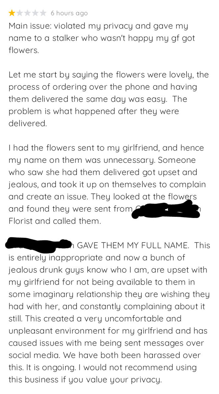 Sent Flowers To My GF, Stalker Gets Upset And Calls Florist Who Then Gave Them My Name