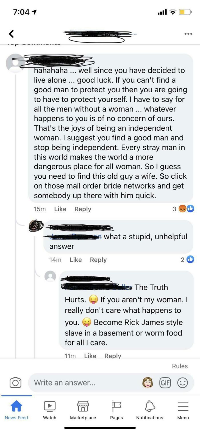 This Guy’s Comment On Lady’s Post About Dealing With A Potential Stalker While Living Off Grid. He’s Definitely An Incel