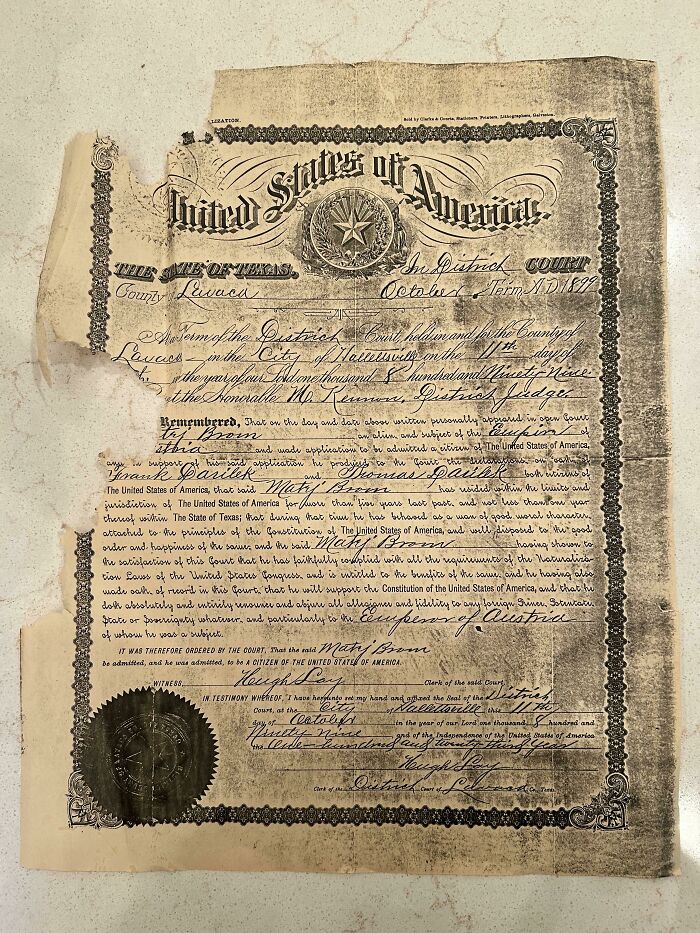 I Found My Great Great Grandfather’s 1899 Certificate Of U.S. Citizenship In Which He Renounced His Allegiance To The Emperor Of Austria