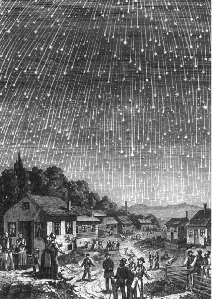 On November 12, 1833, There Was A Meteor Shower So Intense That It Was Possible To See Up To 100,000 Meteors Crossing The Sky Every Hour. At The Time, Many Thought It Was The End Of The World, So Much So That It Inspired This Woodcut By Adolf Vollmy