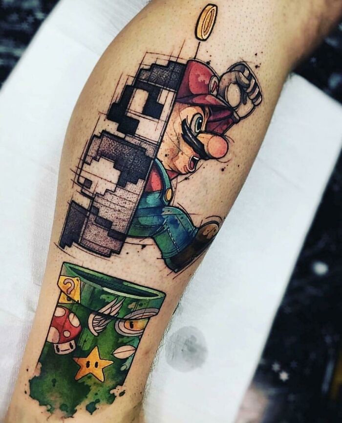 Mario running tattoo 