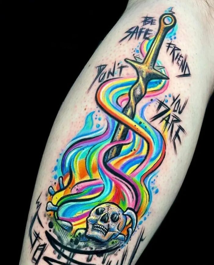 Colourful Dark Souls bonfire tattoo