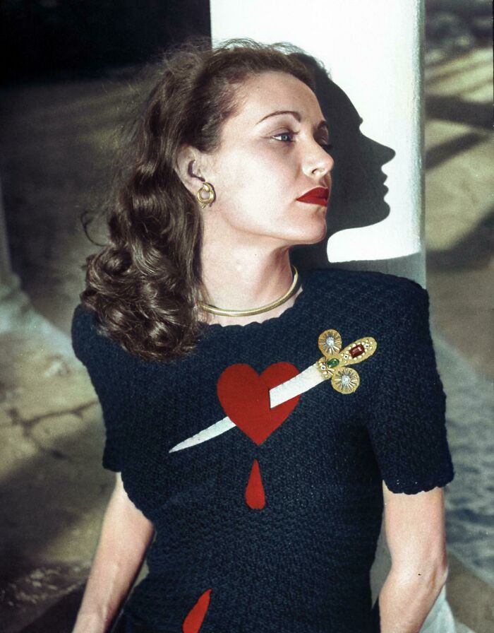 Model Wearing Sweater With Heart Pierced By Jeweled Dagger. (1947) Photo By Nina Leen For Life. Colorized