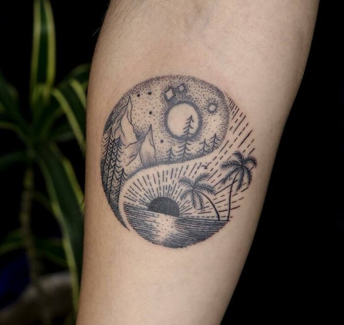 Mountains and sea yin yang tattoo