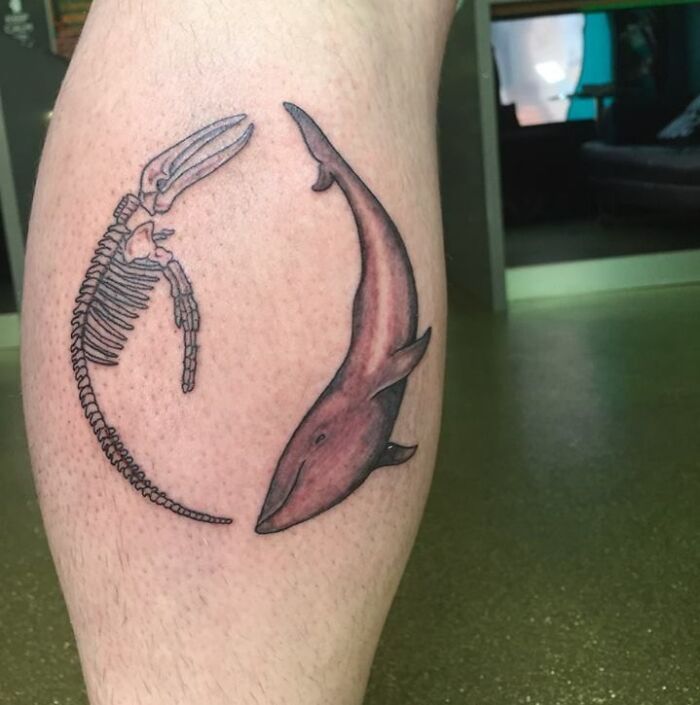 Whale and whales' skeleton calf tattoo 