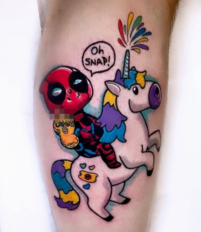 Deadpool wearing infinity gauntlet and riding unicorn 