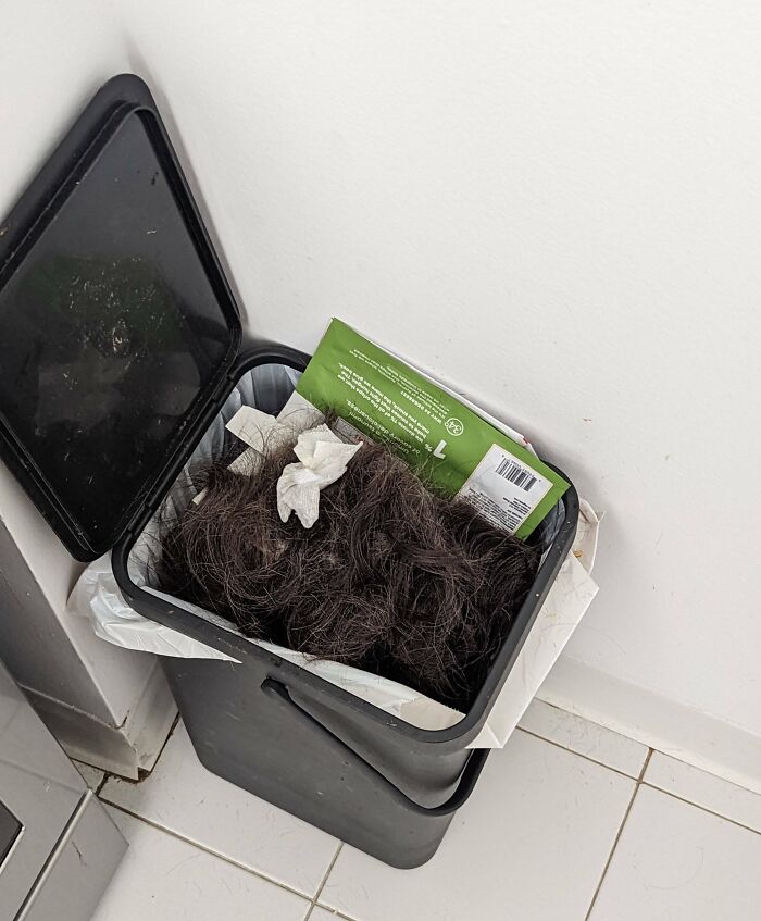 Wife Cut Her Own Hair Today, Almost Gave Me A Heart Attack Upon Opening The Trash Can