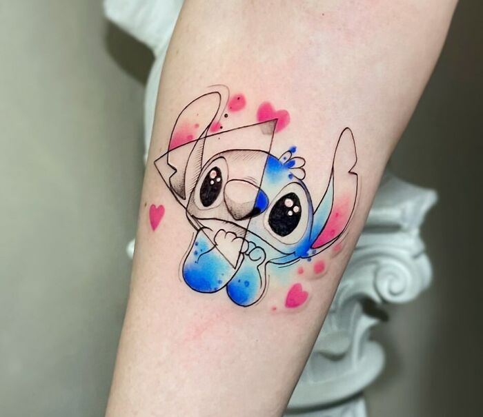 Lovely Stich and tiny pink hearts tattoo