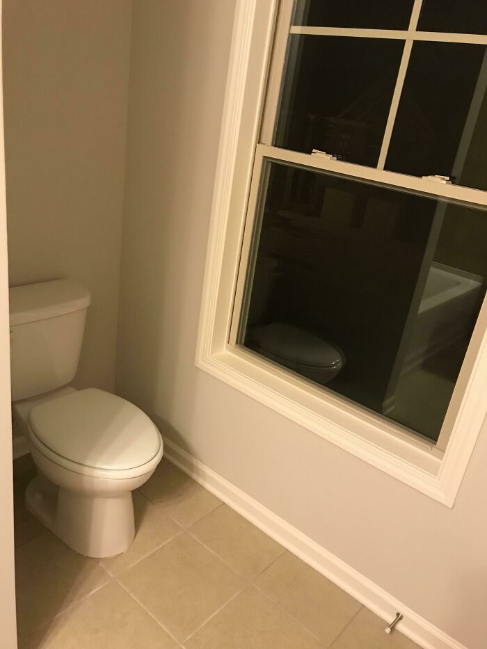 Literally Crappy Design - New House Some Friends Of Mine Recently Bought Has A Toilet Next To A Window Facing Other Houses. This Is The Only Window In The House With No Blinds