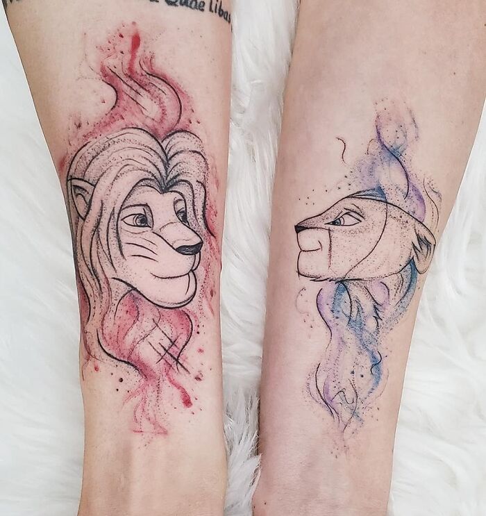 The Lion King Simba and Nala forearm tattoos
