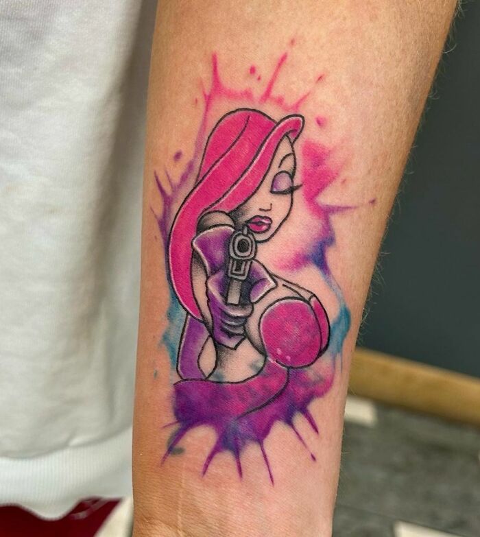 Colorful Jessica Rabbit watercolor arm tattoo