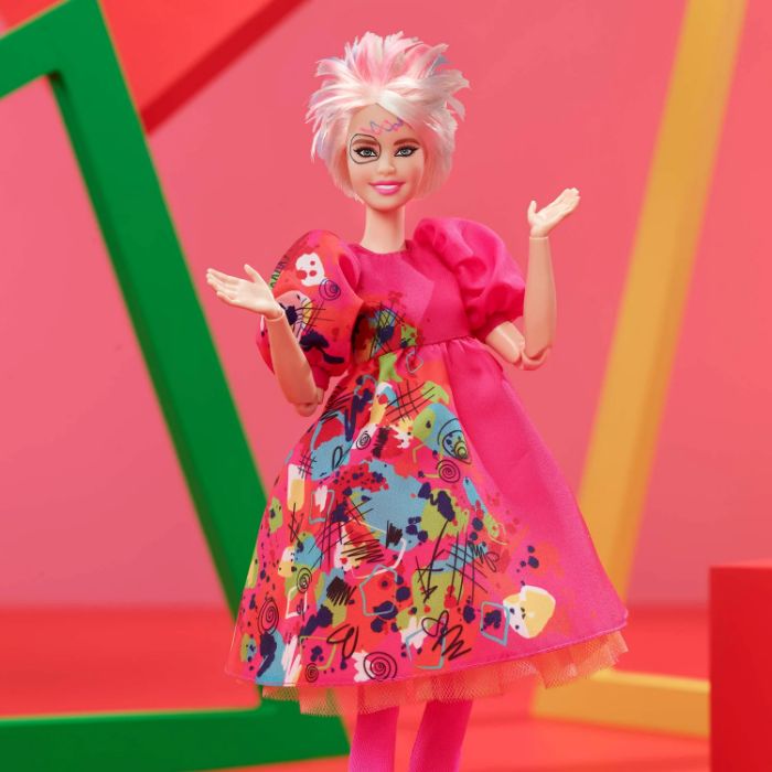 Weird Barbie doll with colorful dress and pink hair, inspired by a movie setting against a vivid geometric background. Weird Barbie doll with colorful dress and pink hair, inspired by a movie setting against a vivid geometric background.