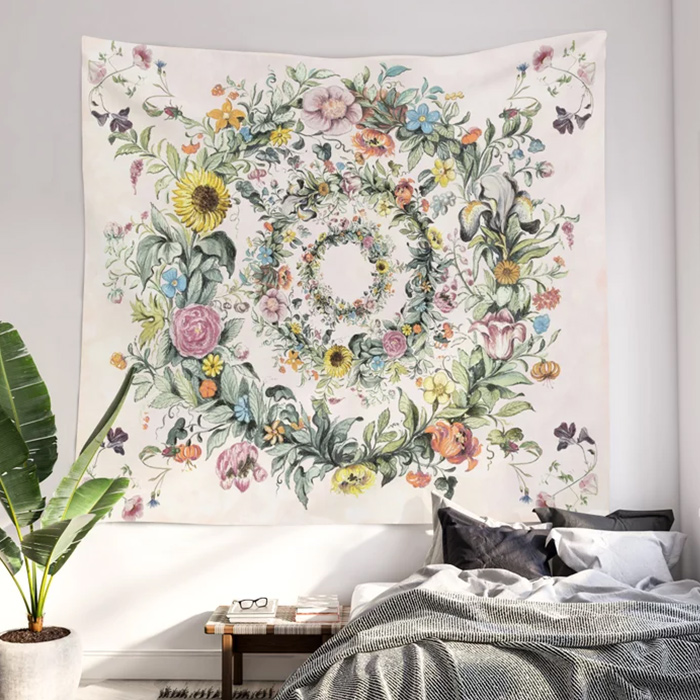 Circle of life - bohemian floral tapestry hanging on wall in bedroom