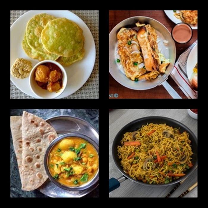 When In India, You're Spoilt For Choices. Here Are Some Of My Favourites. Clockwise From Top Left Corner: Peas Puri And Dum Aloo, Egg Toast With Tea, Maggi, And Roti With Sabzi