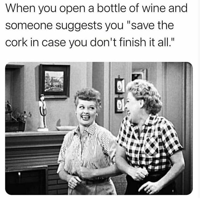 Two women laughing in a vintage setting with a relatable friendship meme about saving wine corks.