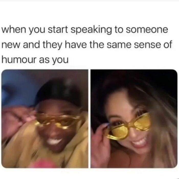 Two friends wearing yellow sunglasses, smiling widely with the text about sharing a sense of humor, capturing friendship memes.