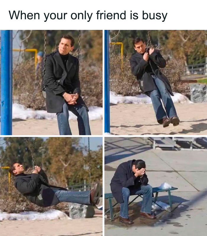 Man sitting alone on a swing and bench, humorously depicting a relatable friendship moment.
