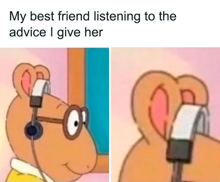 A cartoon character with headphones near their ears in a funny friendship meme.