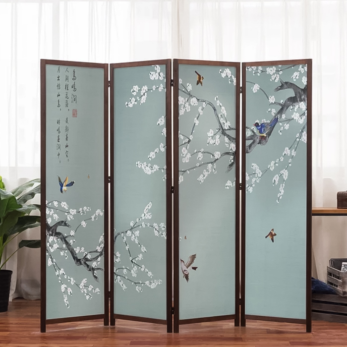 Four panel folding Chinoiserie gray room divider with cherry blossom branches, birds, and calligraphy