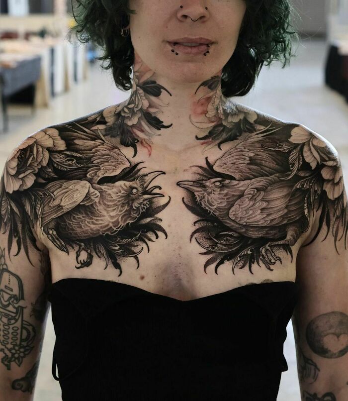 Symmetrical Crows Shoulder And Chest tattoo