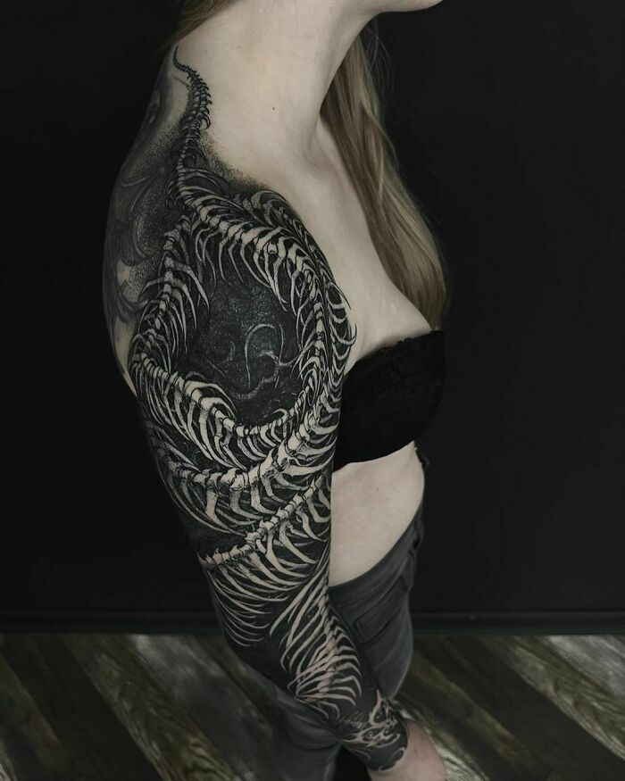 Snake Skeleton Full Arm Tattoo